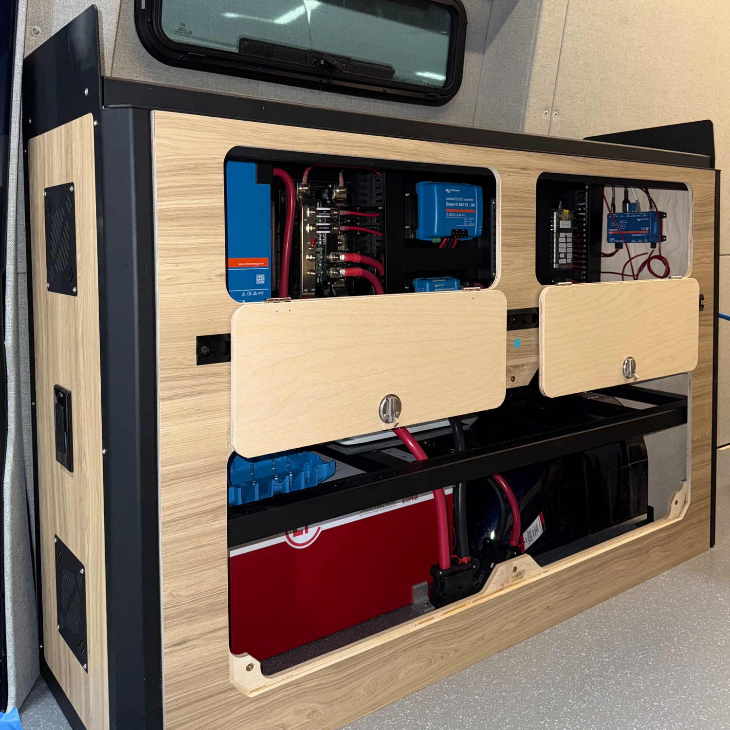 The utility cabinet can be configured to house a complete electrical system