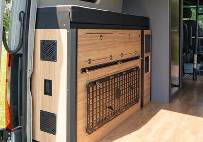 Highland Vans modular utility cabinets installed in Mercedes Sprinter van interior